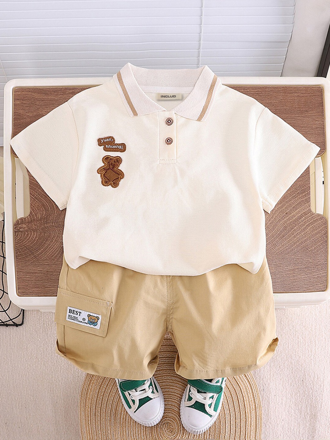

INCLUD Boys Polo Collar T-shirt with Shorts, Off white