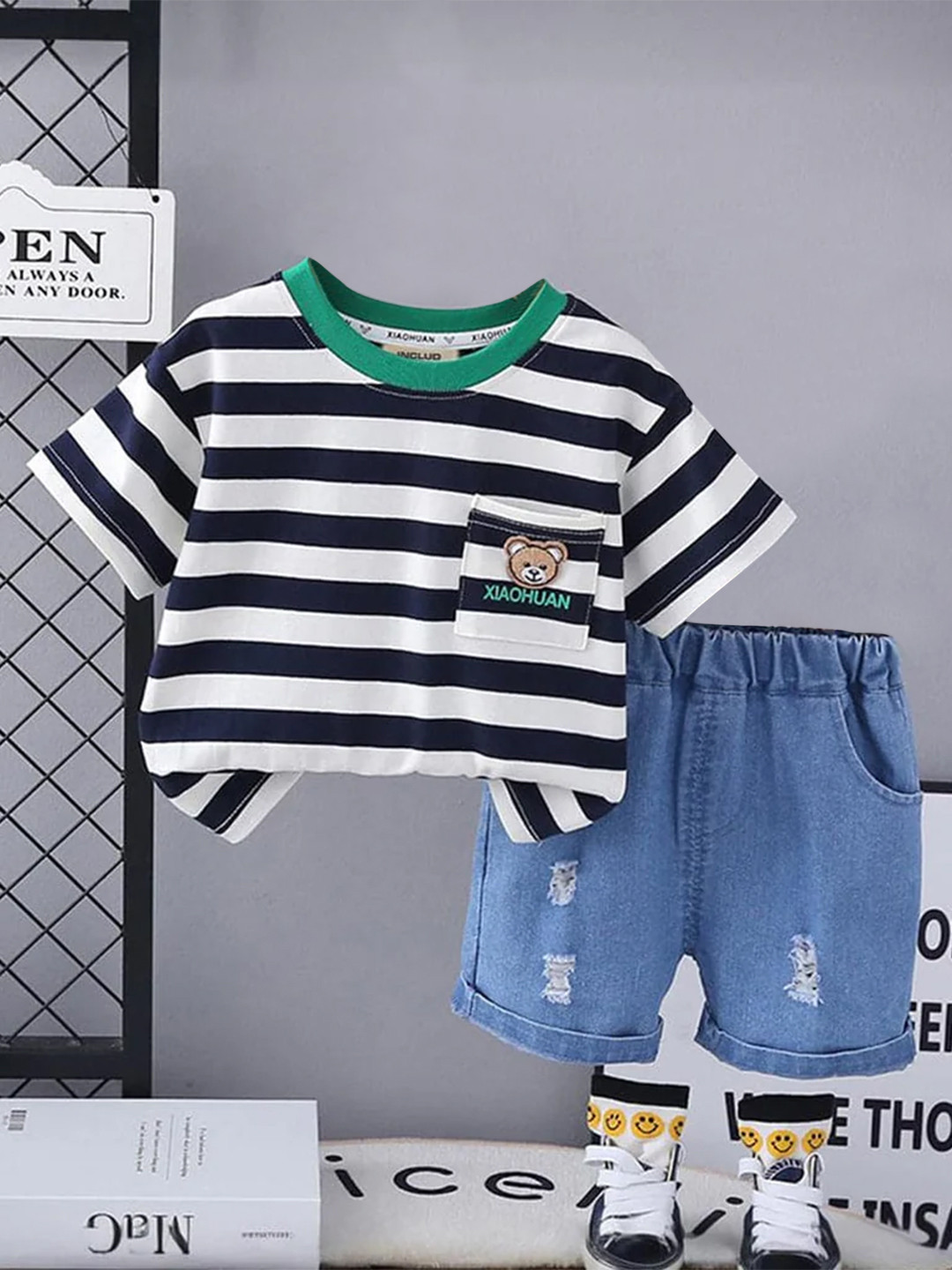 

INCLUD Boys Striped Round Neck T-shirt With Shorts, Black