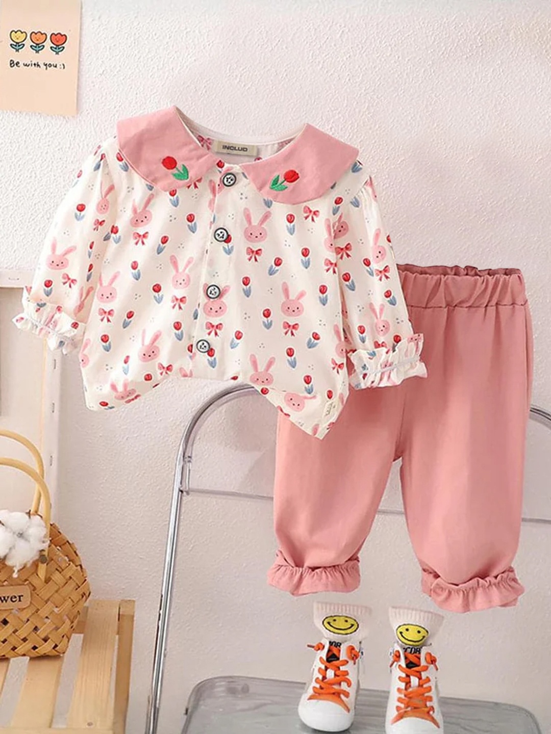 

INCLUD Girls Printed Top With Trousers, Pink