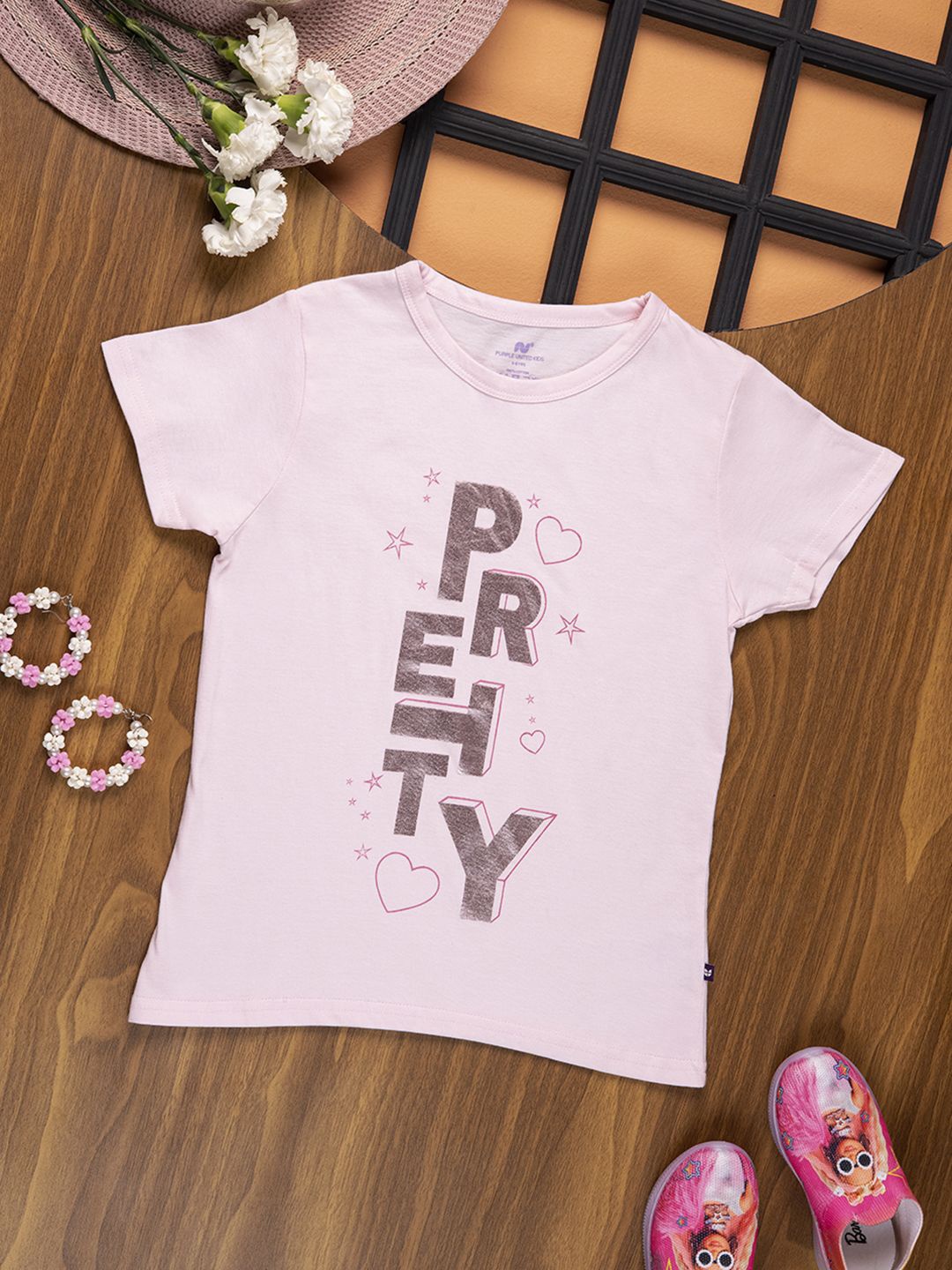 

Purple United Kids Girls Typography Printed V-Neck Applique T-shirt, Pink