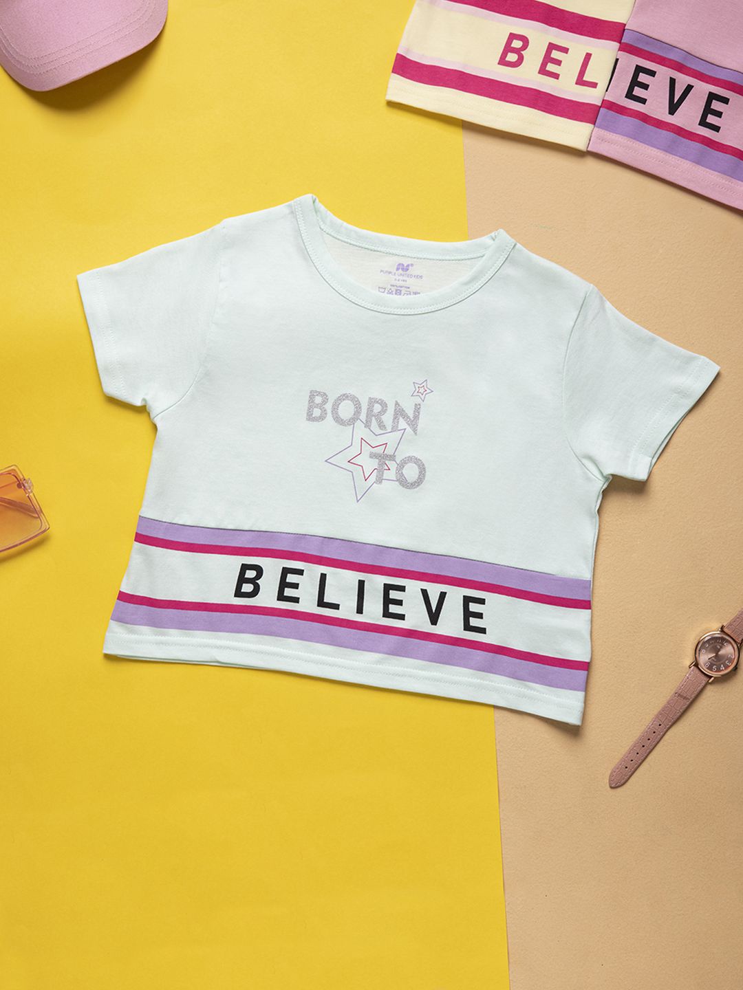 

Purple United Kids Girls Typography Colourblocked Applique T-shirt, Lime green
