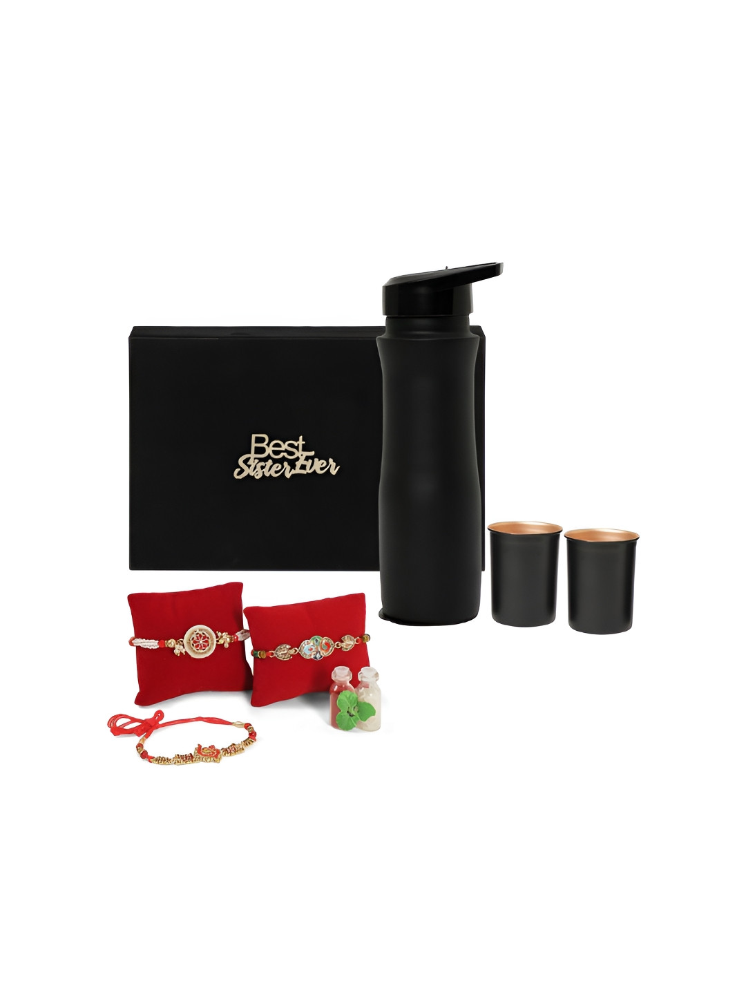 

INTERNATIONAL GIFT Set of 3 Rakhis With Water Bottle & Glasses With Roli Tika And Chawal, Black