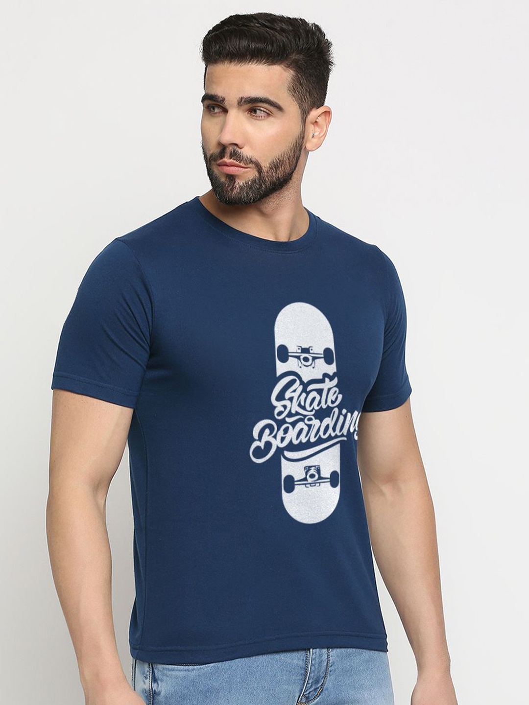 

MOD ECRU Unisex Printed V-Neck Raw Edge T-shirt, Blue