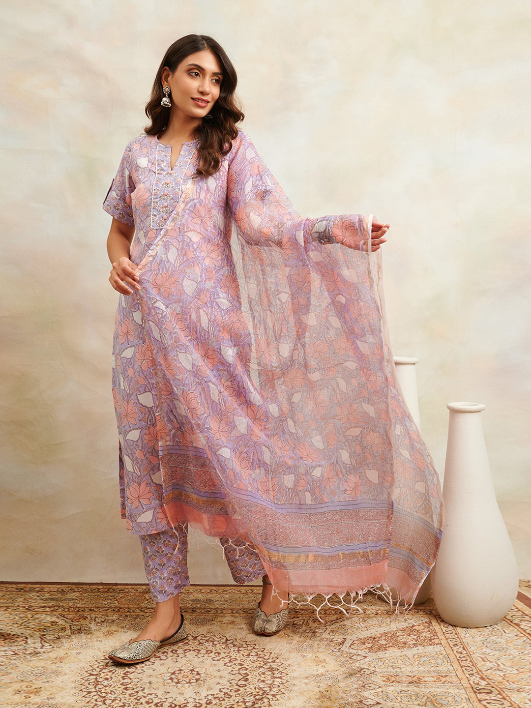 

Tahiliya Floral Printed Cotton Zari Dupatta, Mauve