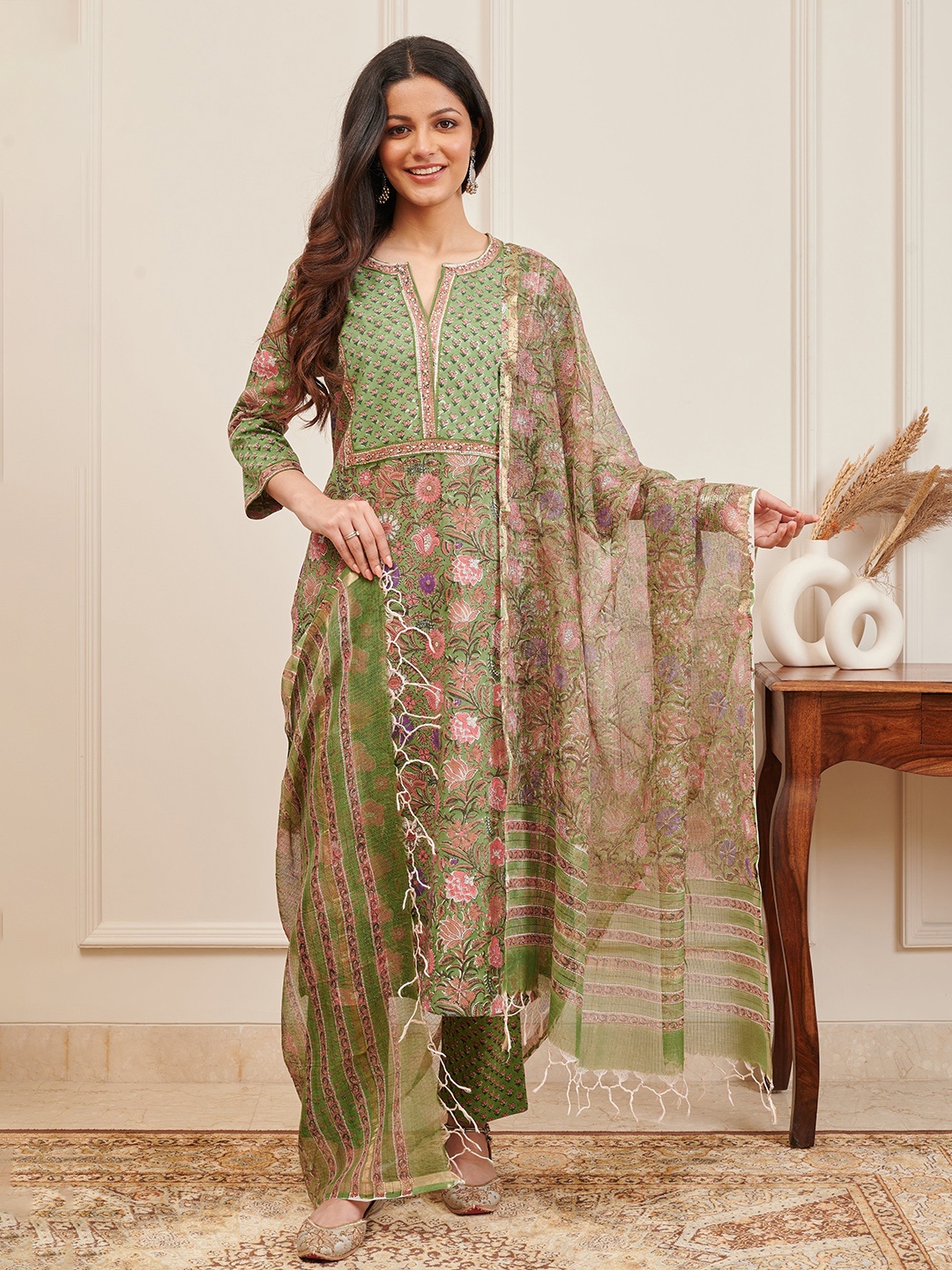 

Tahiliya Floral Printed Cotton Dupatta, Green