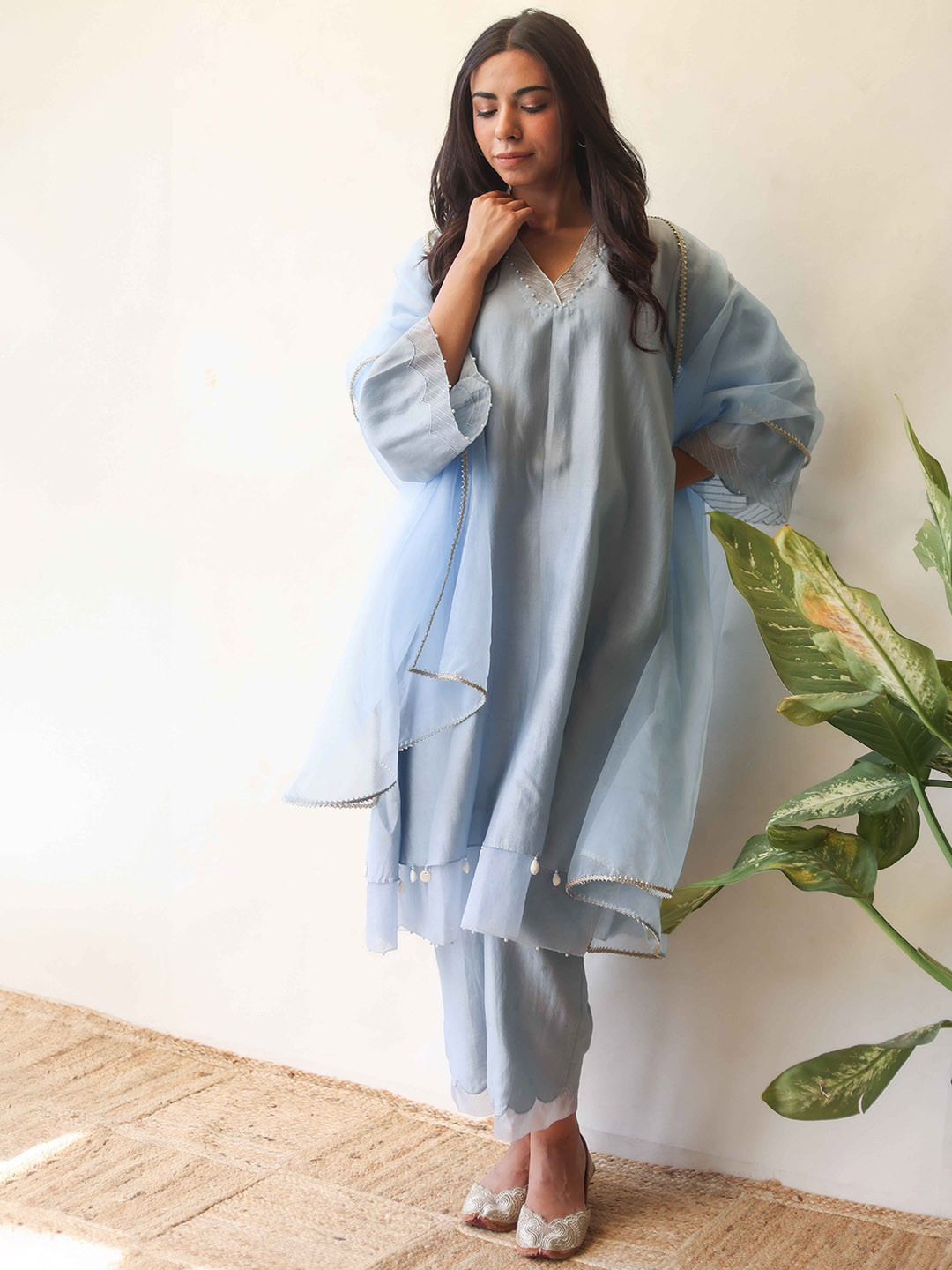 

Seeaash Beads and Stones Straight Kurta With Trouser & Dupatta, Blue