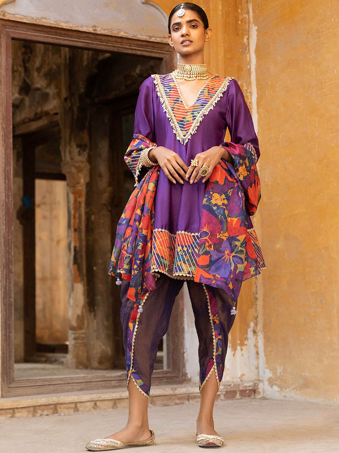 

Seeaash Floral Printed Regular Beads and Stones Kurta with Dhoti Pants & Dupatta, Purple