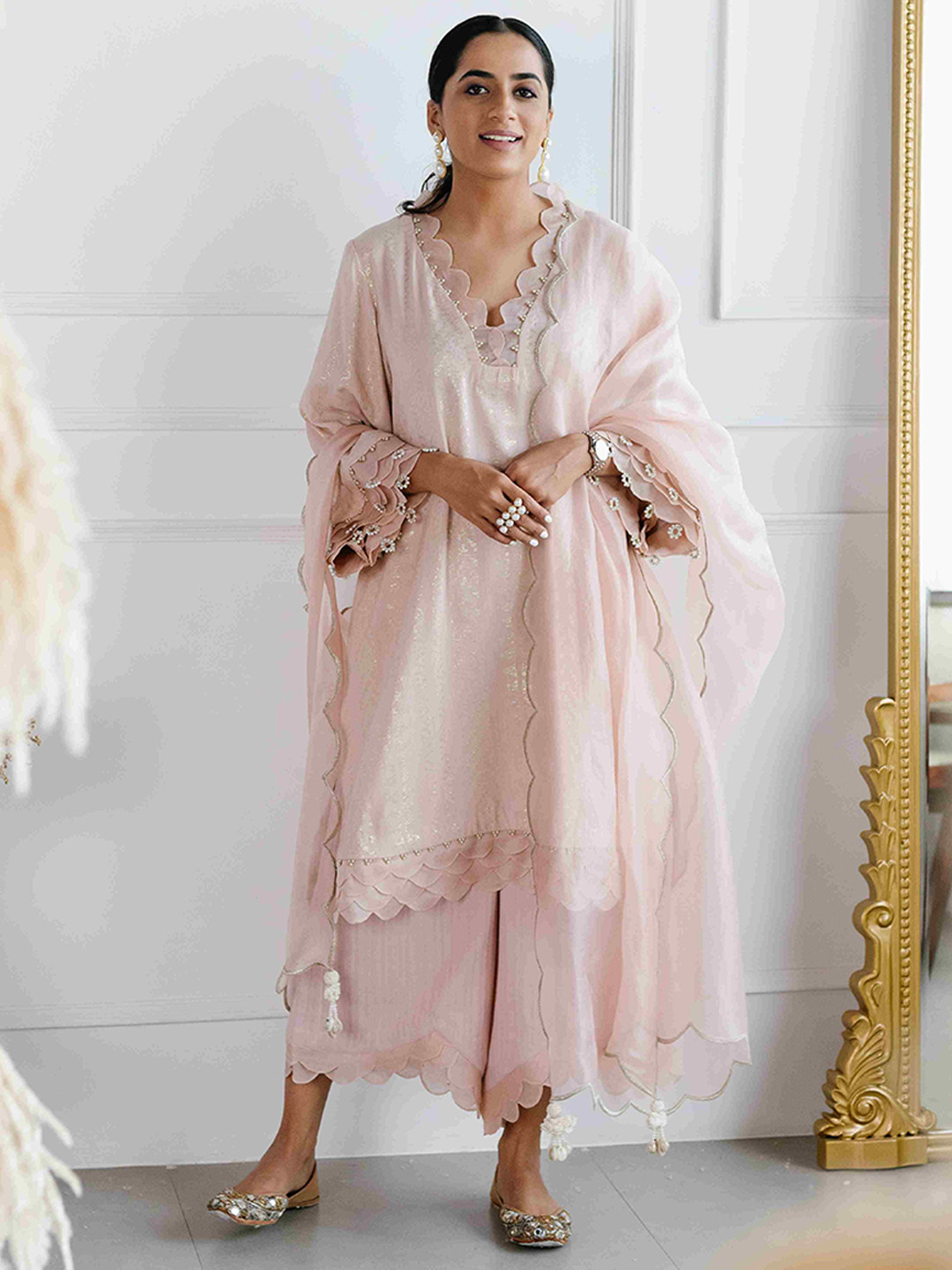 

Seeaash Geometric Woven Design Beads and Stones Straight Kurta With Palazzos & Dupatta, Pink