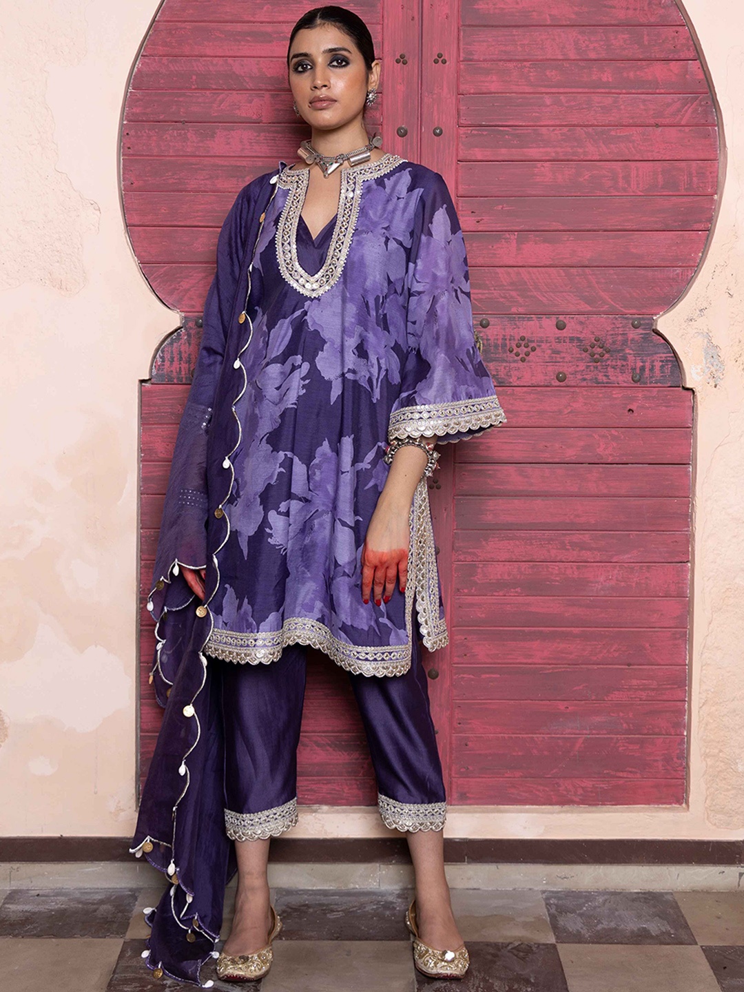 

Seeaash Floral Printed Beads and Stones Chanderi Silk Kurta with Trousers & Dupatta, Purple