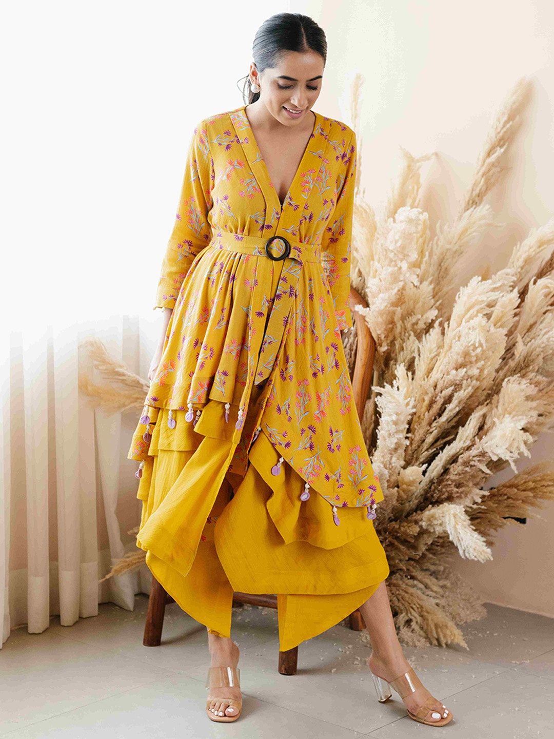 

Seeaash Floral Printed V-Neck Beads and Stones Kurta with Palazzos, Yellow