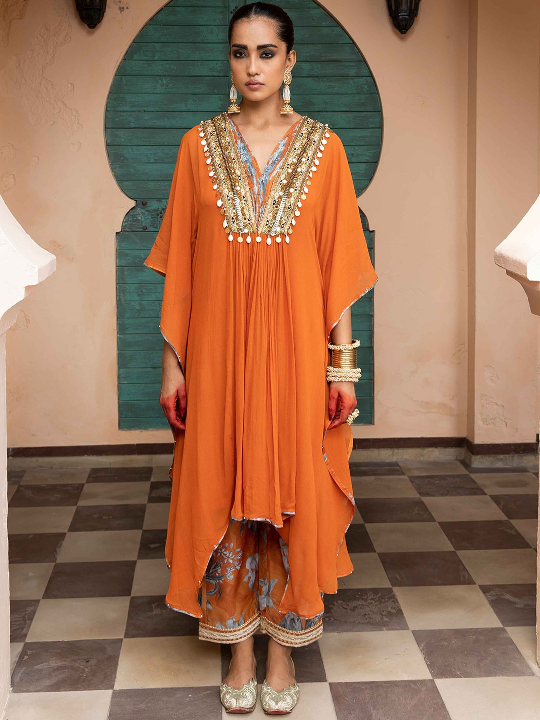 

Seeaash Yoke Design Kaftan Beads and Stones Kurta with Trousers, Orange