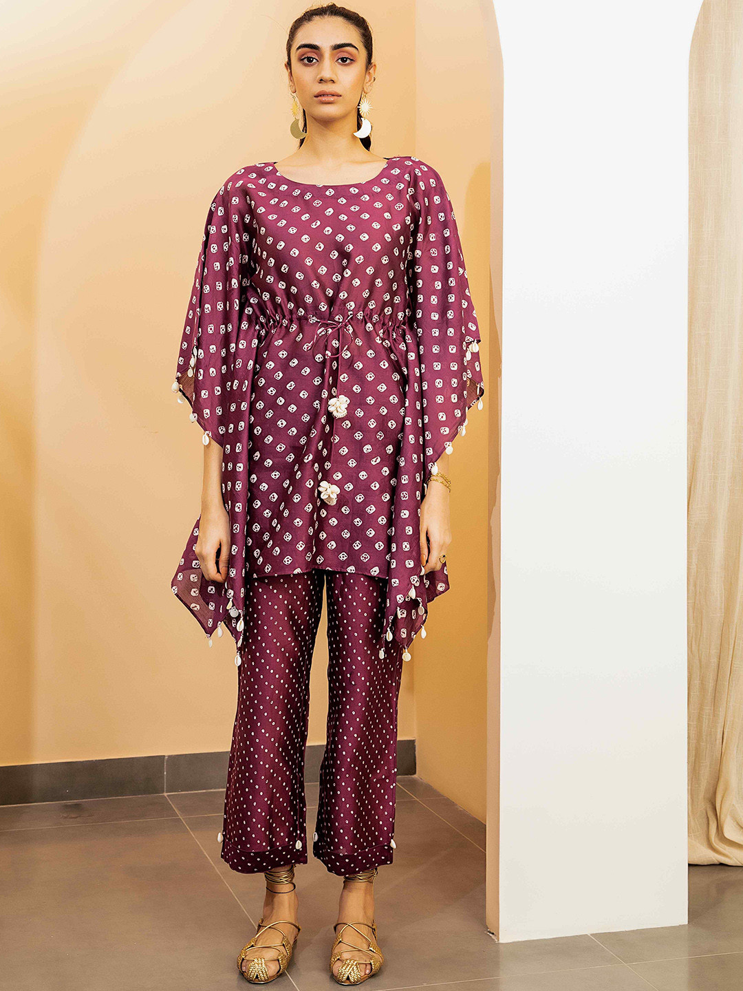 

Seeaash Bandhani Printed Kaftan Beads and Stones Kurta with Trousers, Purple