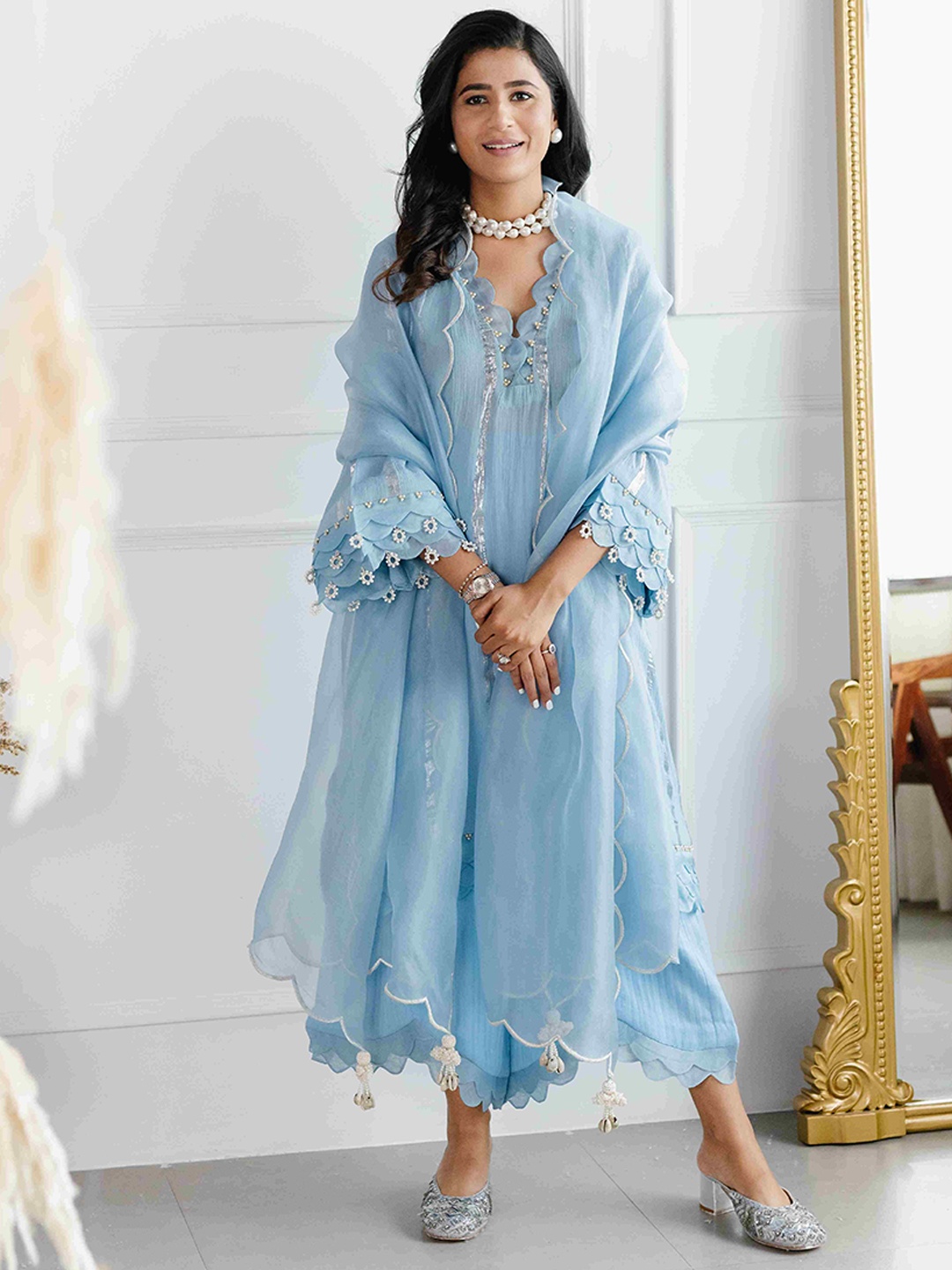 

Seeaash Striped Bell Sleeves A-Line Kurta With Palazzo & Dupatta, Blue