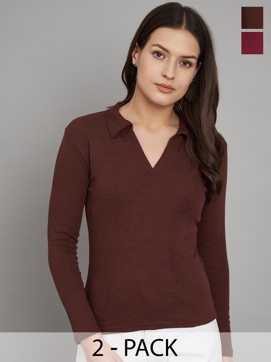 

Trend Level Pack of 2 Ribbed Shirt Collar Pure Cotton Solid Tops, Brown