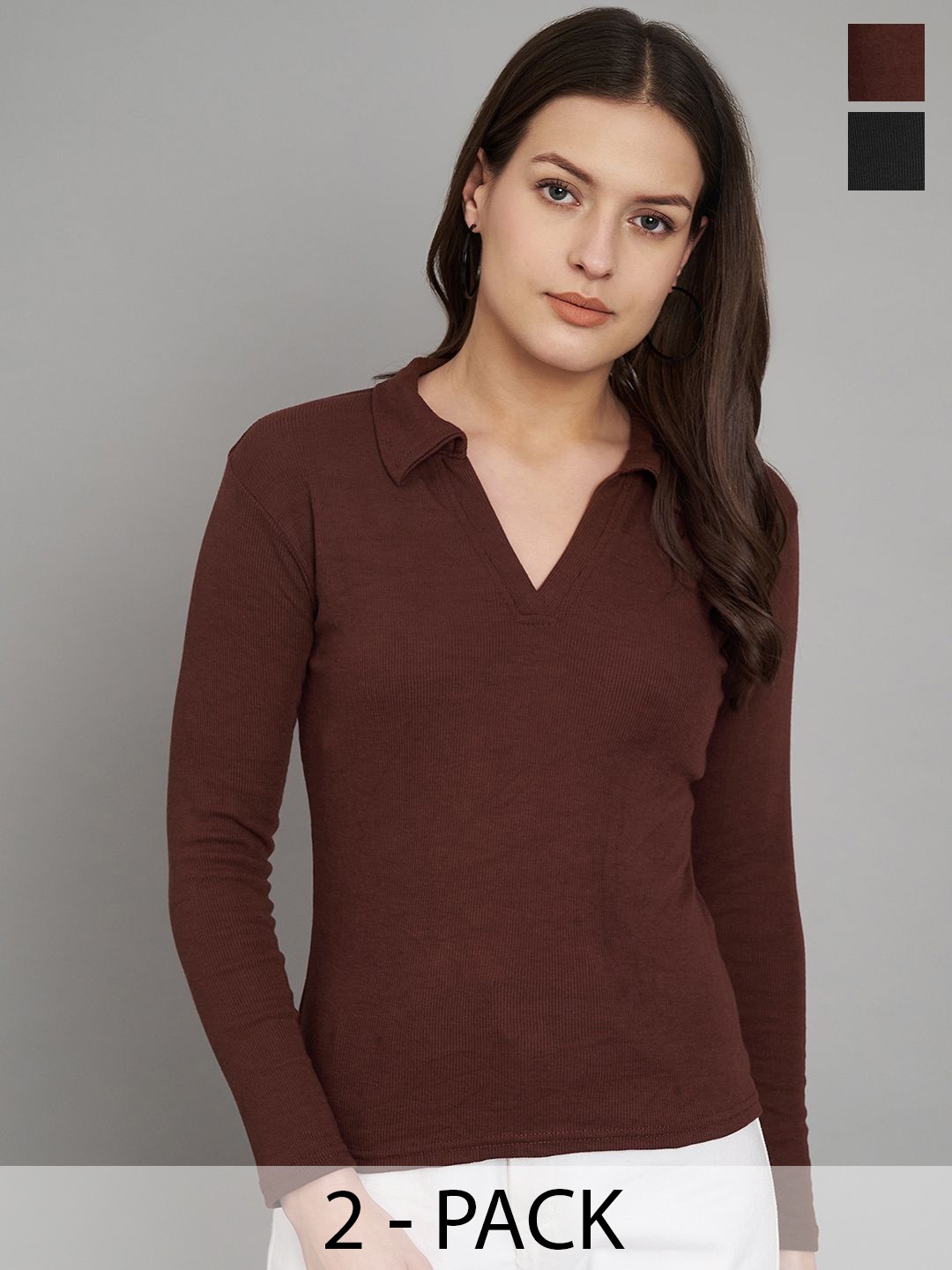 

Trend Level Pack of 2 Ribbed Shirt Collar Cotton Solid Tops, Brown