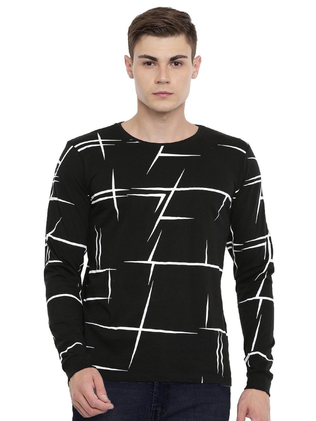 

ADRO Men Striped Monochrome Raw Edge T-shirt, Black