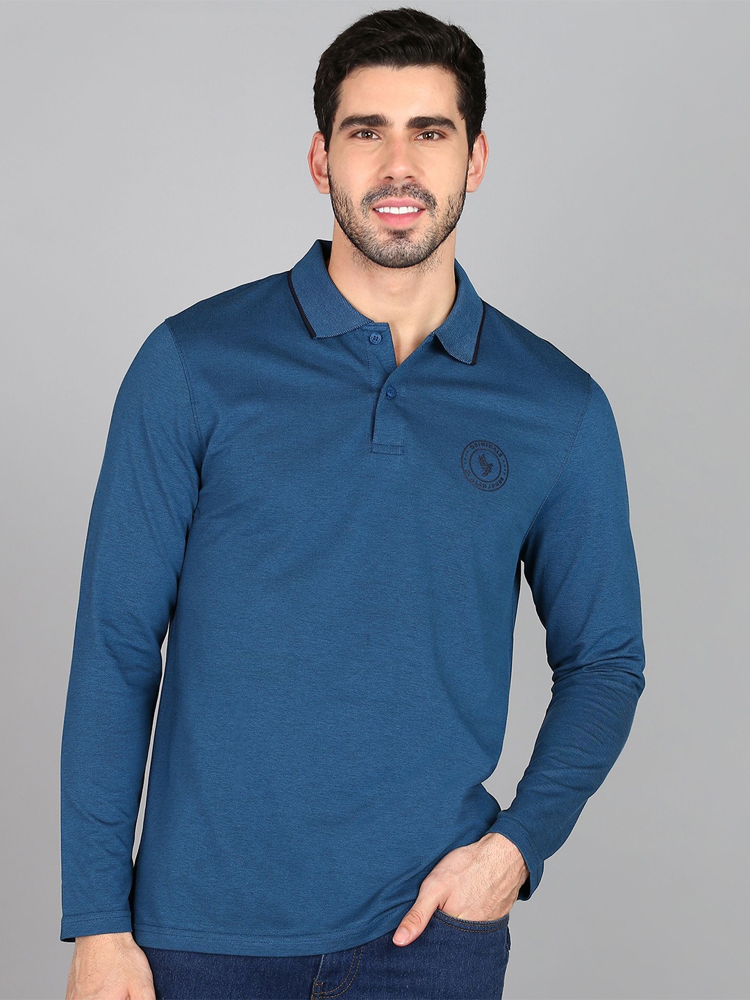 

Alan Jones Men Polo Collar Applique T-shirt, Blue