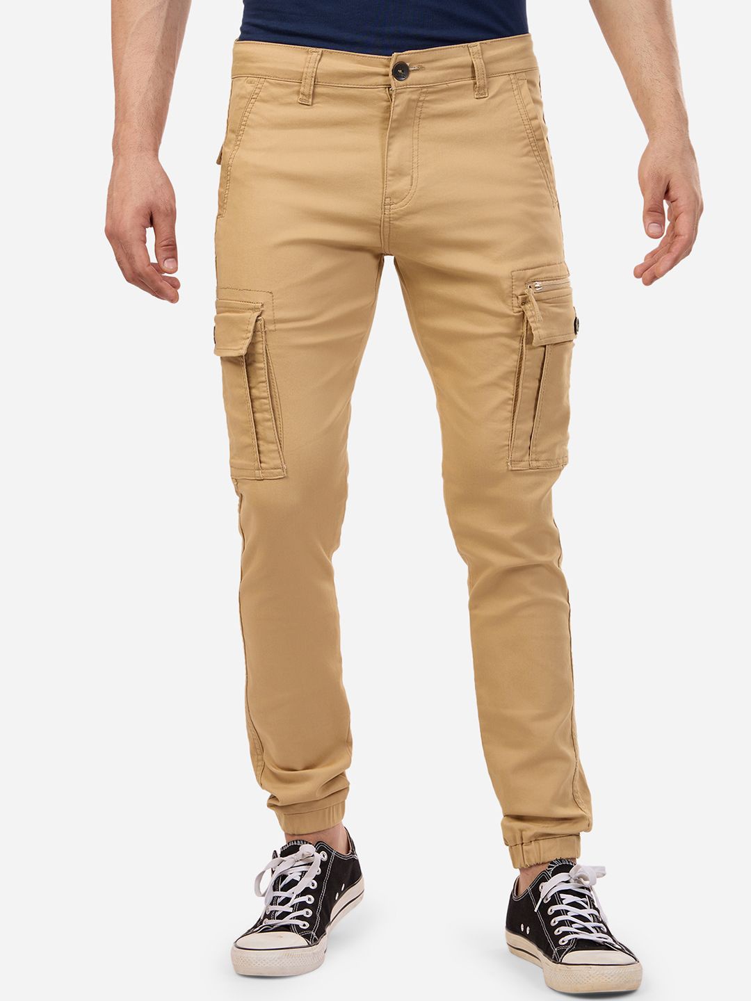 

eevee Men Mid-Rise Cotton Cargo Joggers, Beige