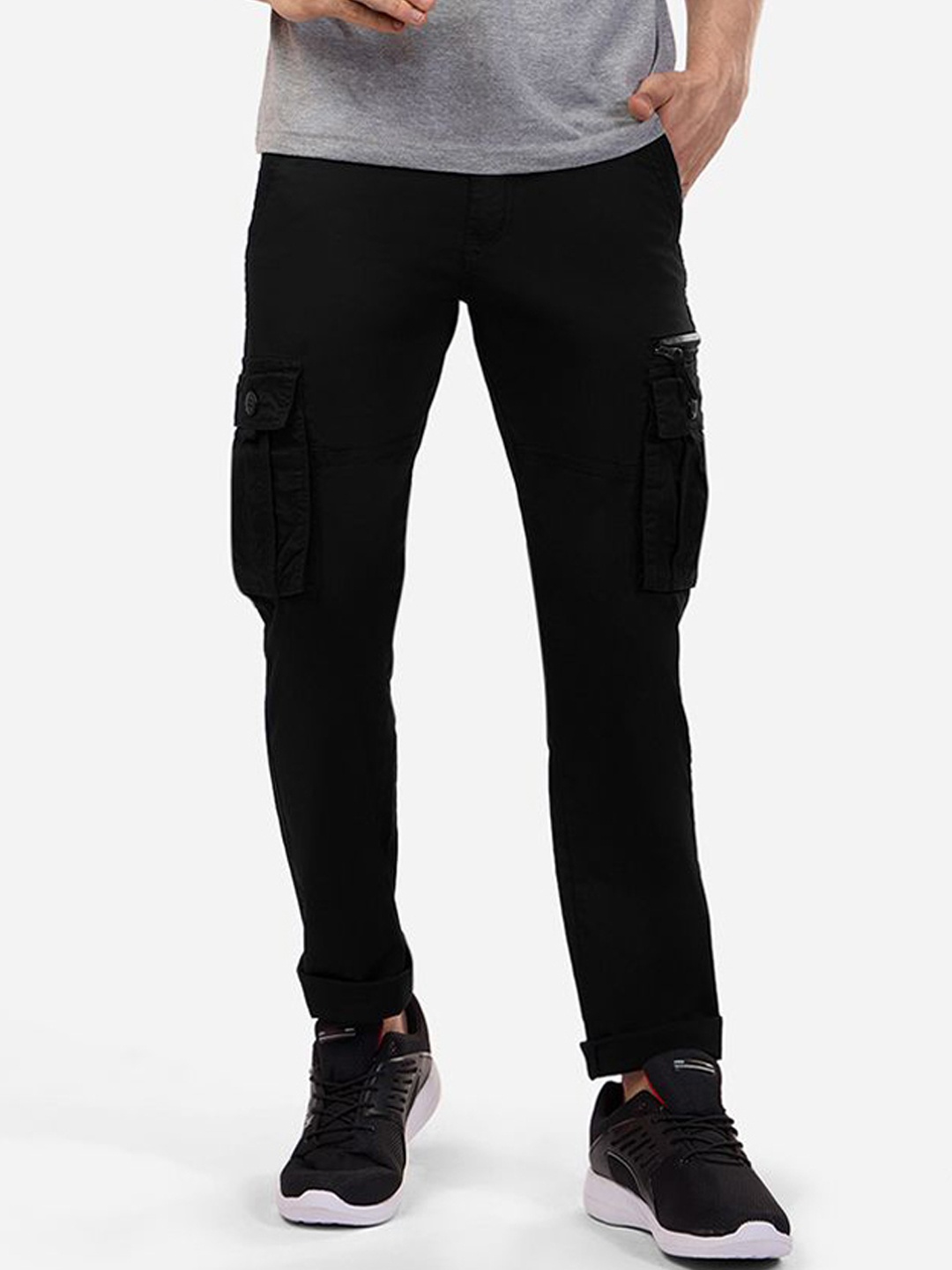

beevee Men Mid-Rise Cotton Cargo Pants, Black