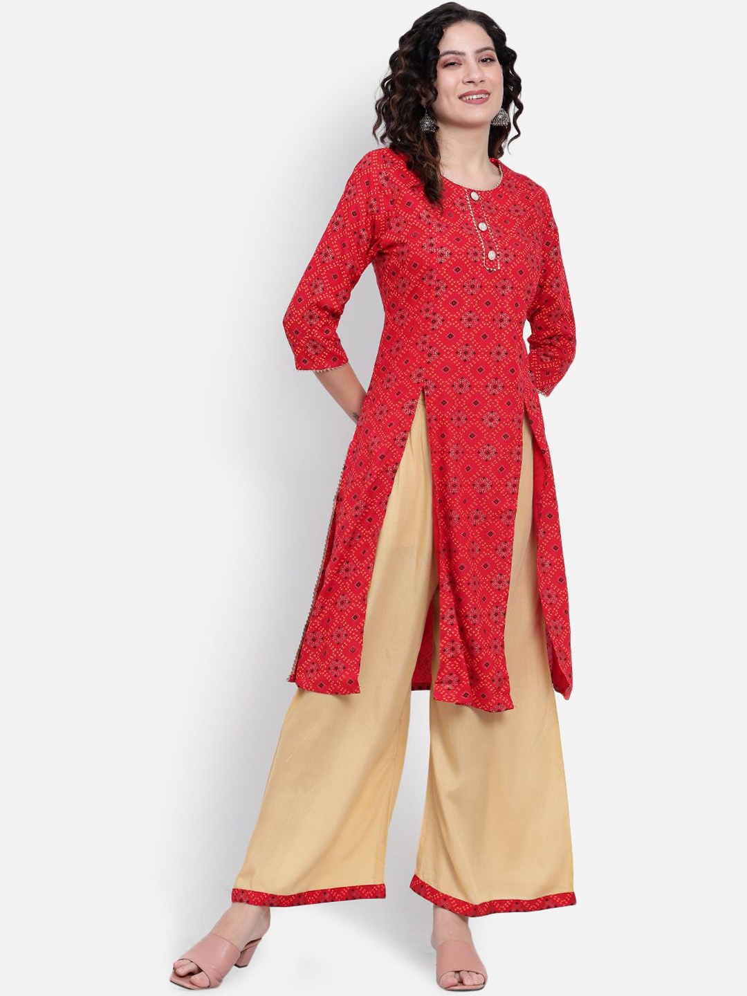 

JAY FASHION007 Ethnic Motifs Gotta Patti Pure Cotton Straight Kurta With Palazzos, Red