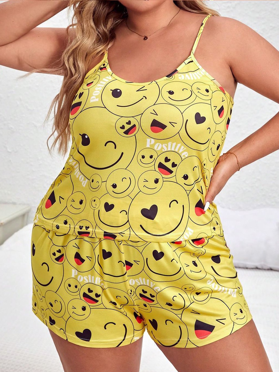 

Xivir Printed Satin Camisole With Shorts, Yellow