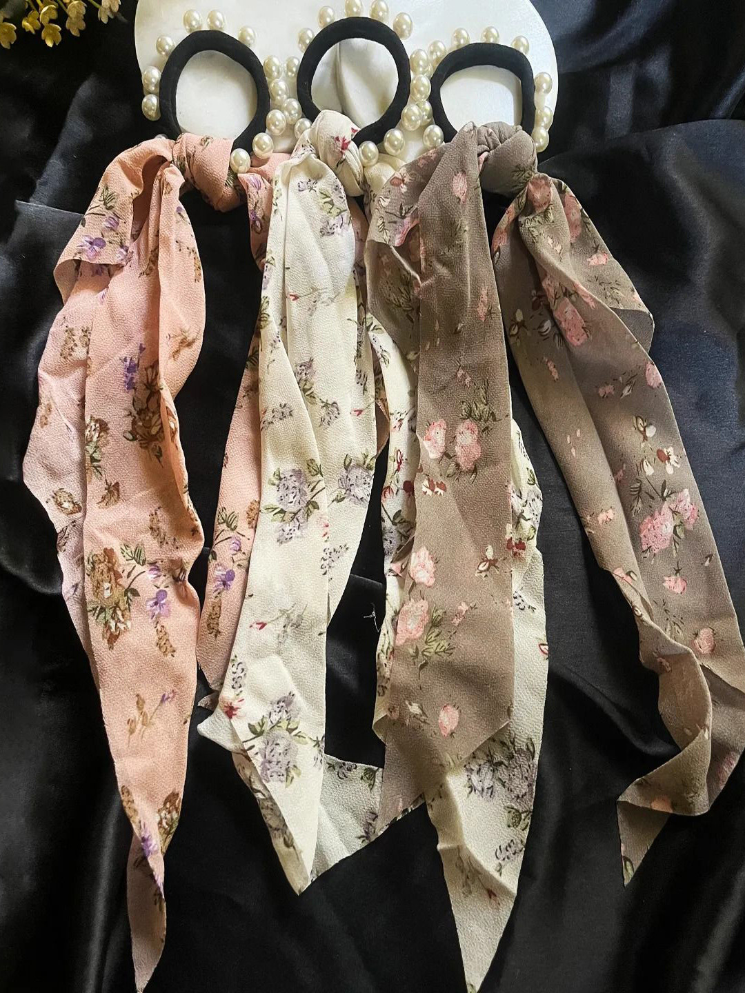 

Jewelz Women Set of 3 Pearl Scrunchies Ponytail Holders, Brown