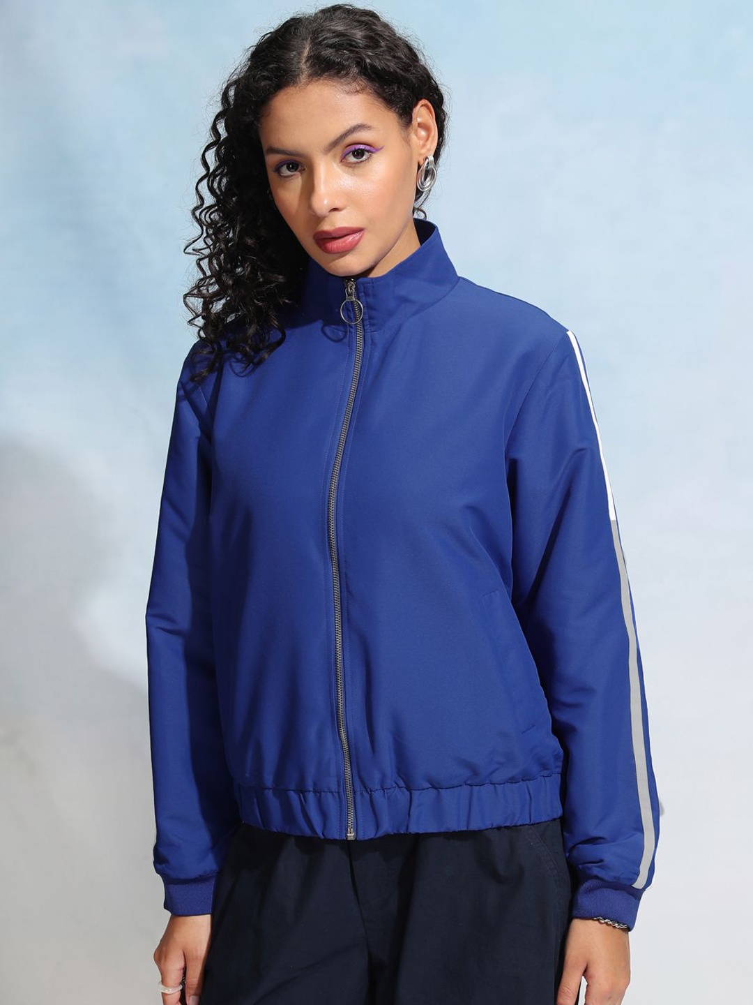 

Tokyo Talkies Women Checked Crop Bomber with Embroidered Jacket, Blue