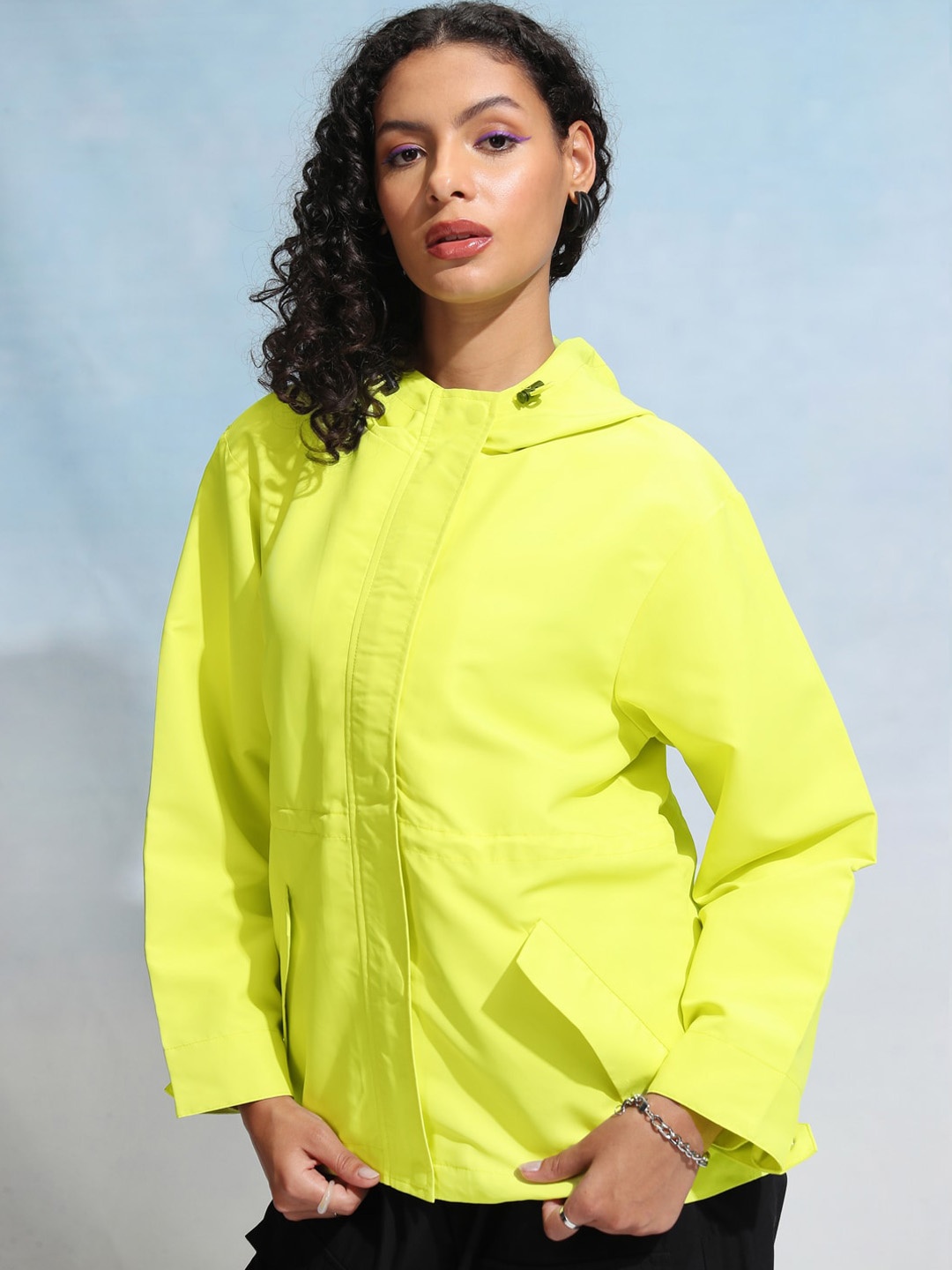 

Tokyo Talkies Women Colourblocked Longline Parka Jacket, Lime green