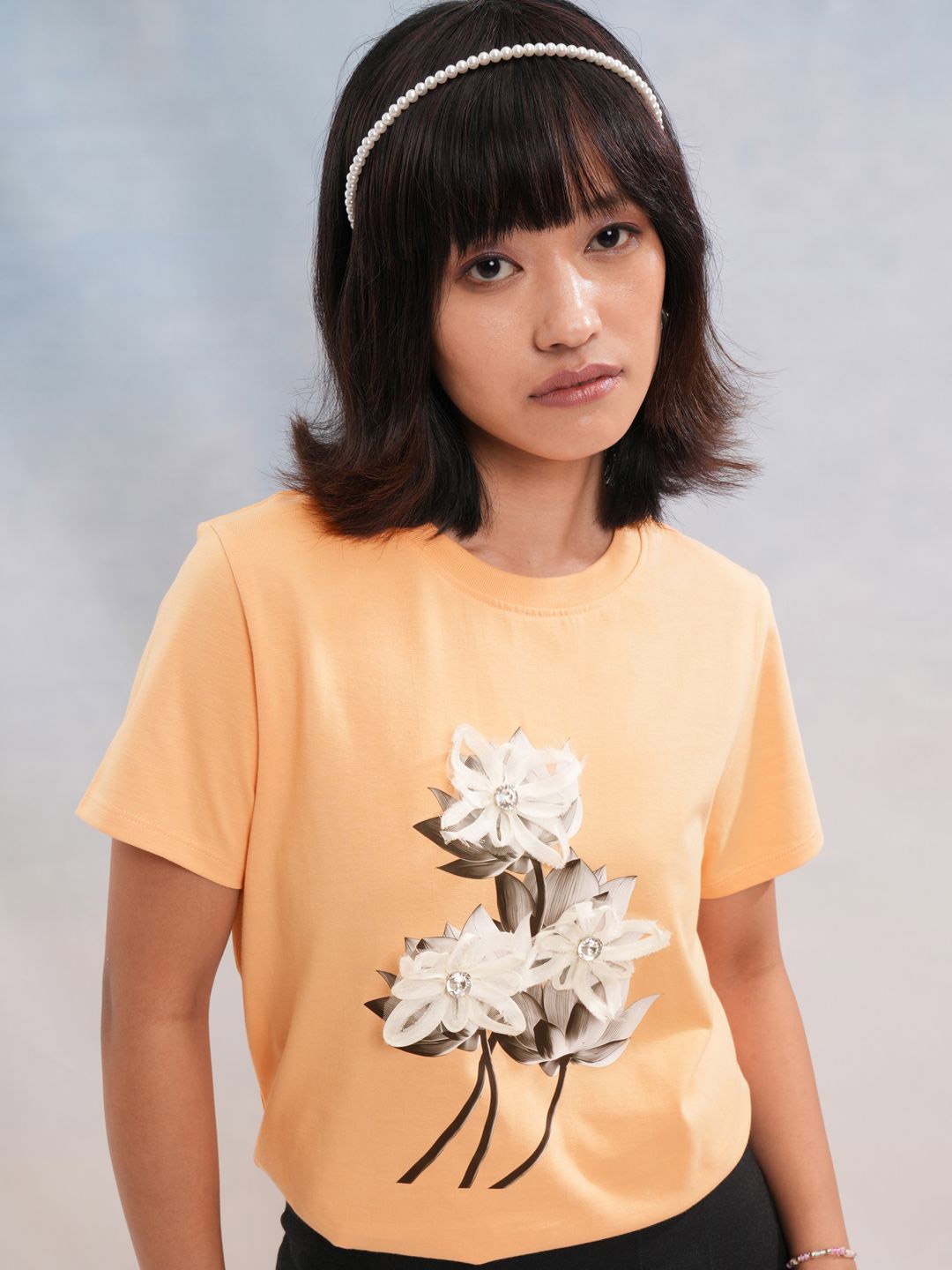 

Street By Tokyo Talkies Women Printed Extended Sleeves T-shirt, Peach