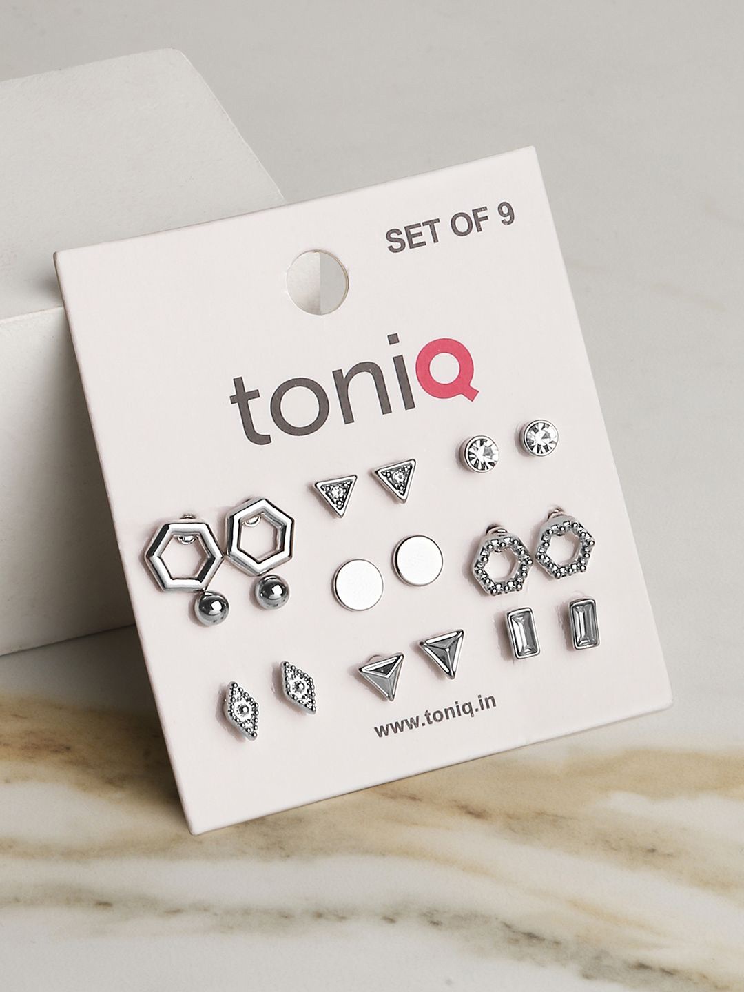 

ToniQ Set of 9 Silver Plated Geometric Studs Earrings