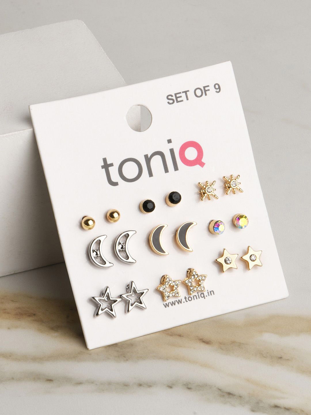 

ToniQ Set of 9 Gold Plated & Silver Plated Geometric Studs Earrings