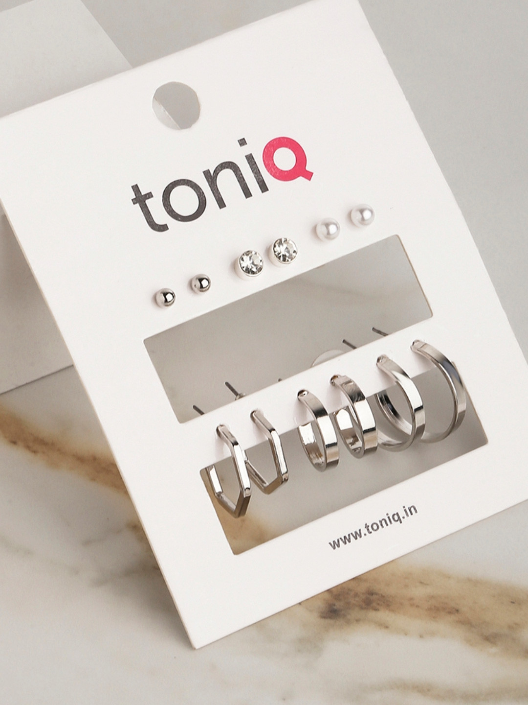 

ToniQ Set of 6 Silver-Plated Stones Studded Contemporary Studs & Half Hoop Earrings