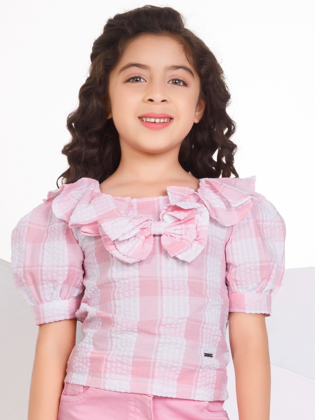 

Peppermint Checked Puff Sleeve Top, Pink