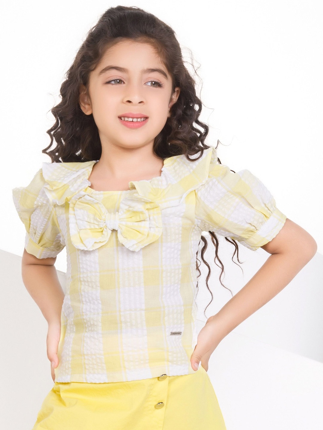 

Peppermint Checked Puff Sleeve Top, Yellow
