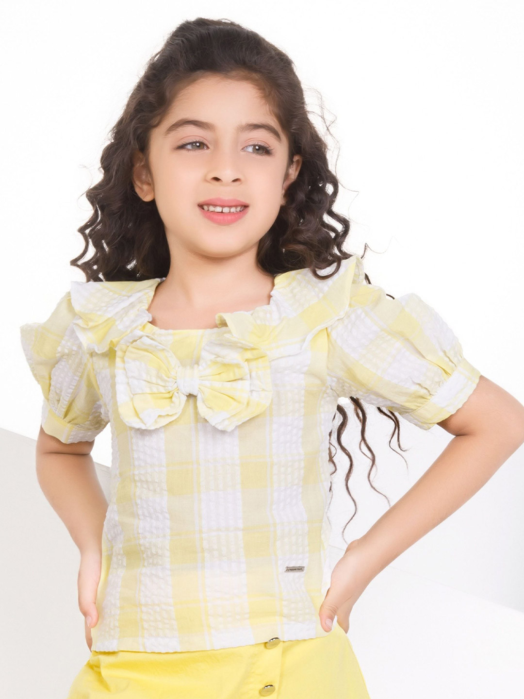 

Peppermint Checked Puff Sleeve Top, Yellow
