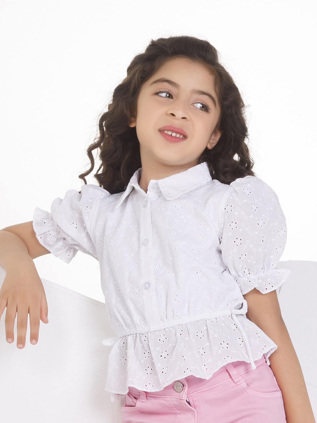 

Peppermint Puff Sleeve Shirt Style Top, White