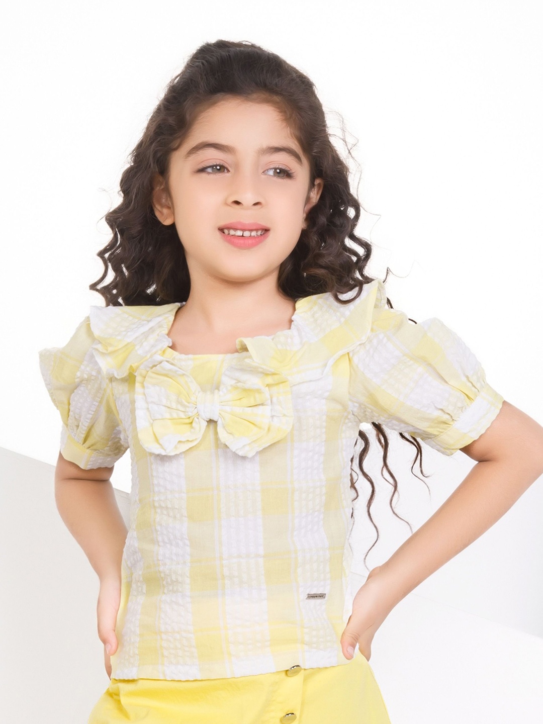 

Peppermint Checked Puff Sleeve Top, Yellow