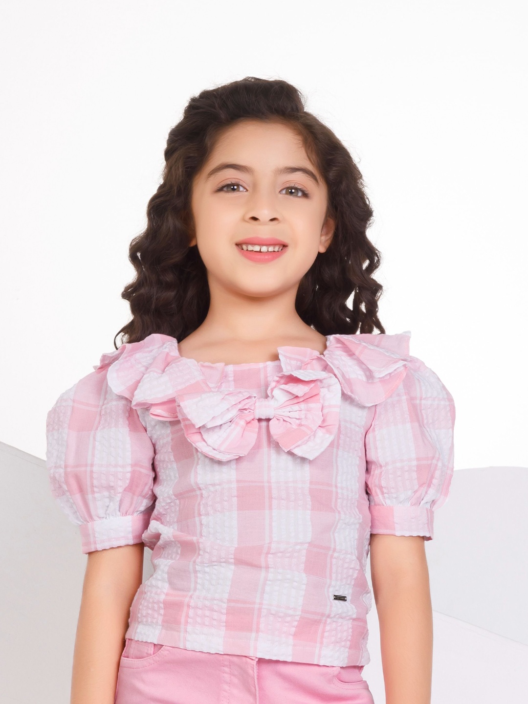 

Peppermint Checked Puff Sleeve Top, Pink