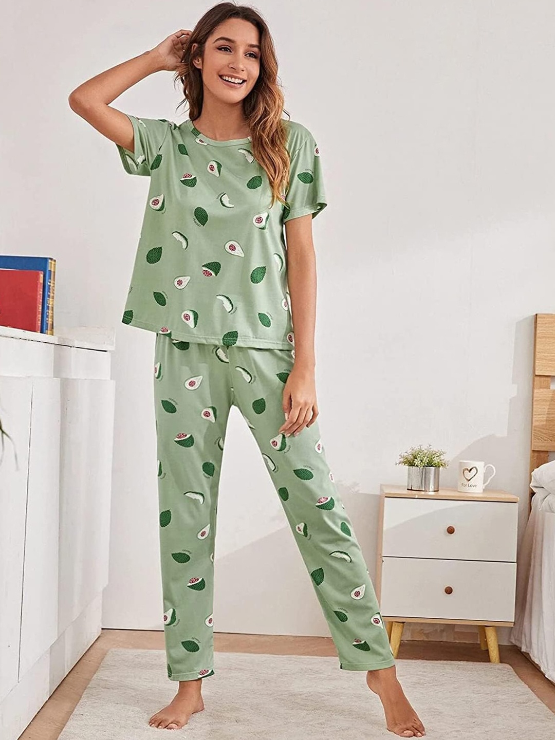 

Xivir Tropical Printed Satin Night suit, Green