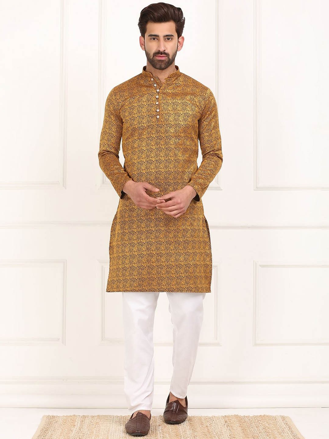 

Sydney Heights Floral Woven Design Thread Work Mandarin Collar Straight Kurta With Pyjamas, Khaki