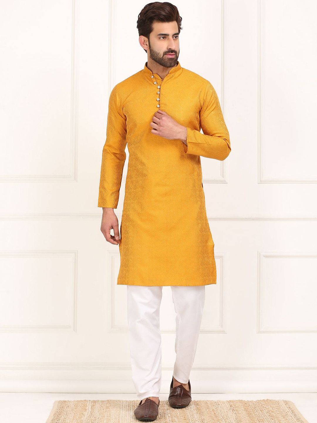 

Sydney Heights Floral Woven Design Thread Work Mandarin Collar Straight Kurta with Pyjamas, Yellow