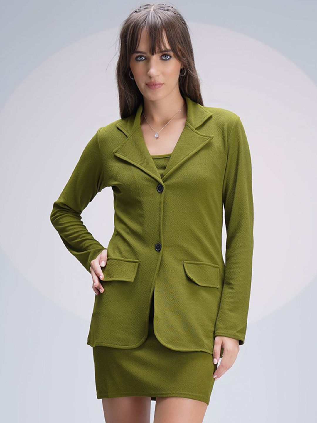 

WESTHOOD Lapel Collar Long Sleeves Top ,Skirt With jacket, Olive