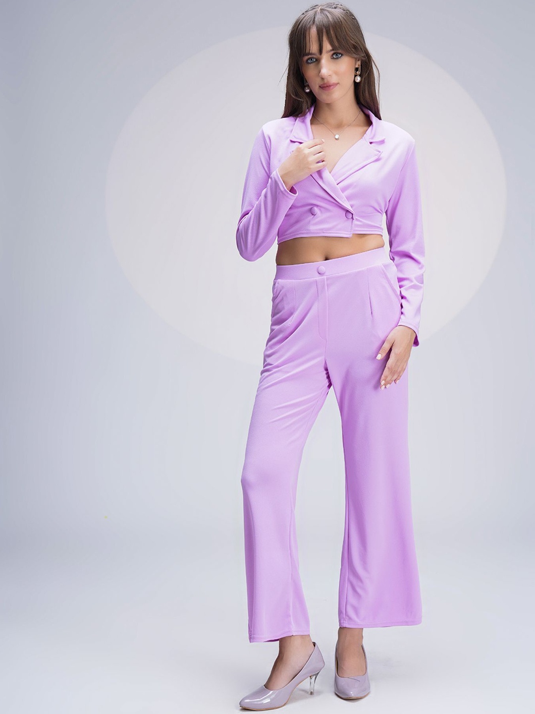 

WESTHOOD Lapel Collar Long Sleeves Top & Trouser, Lavender