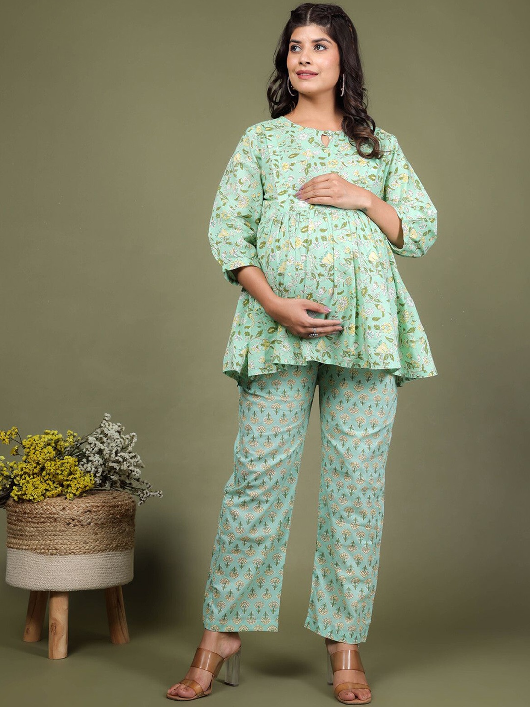 

LALI JAIPUR Floral Printed Pure Cotton Maternity Tunic & Trousers, Green