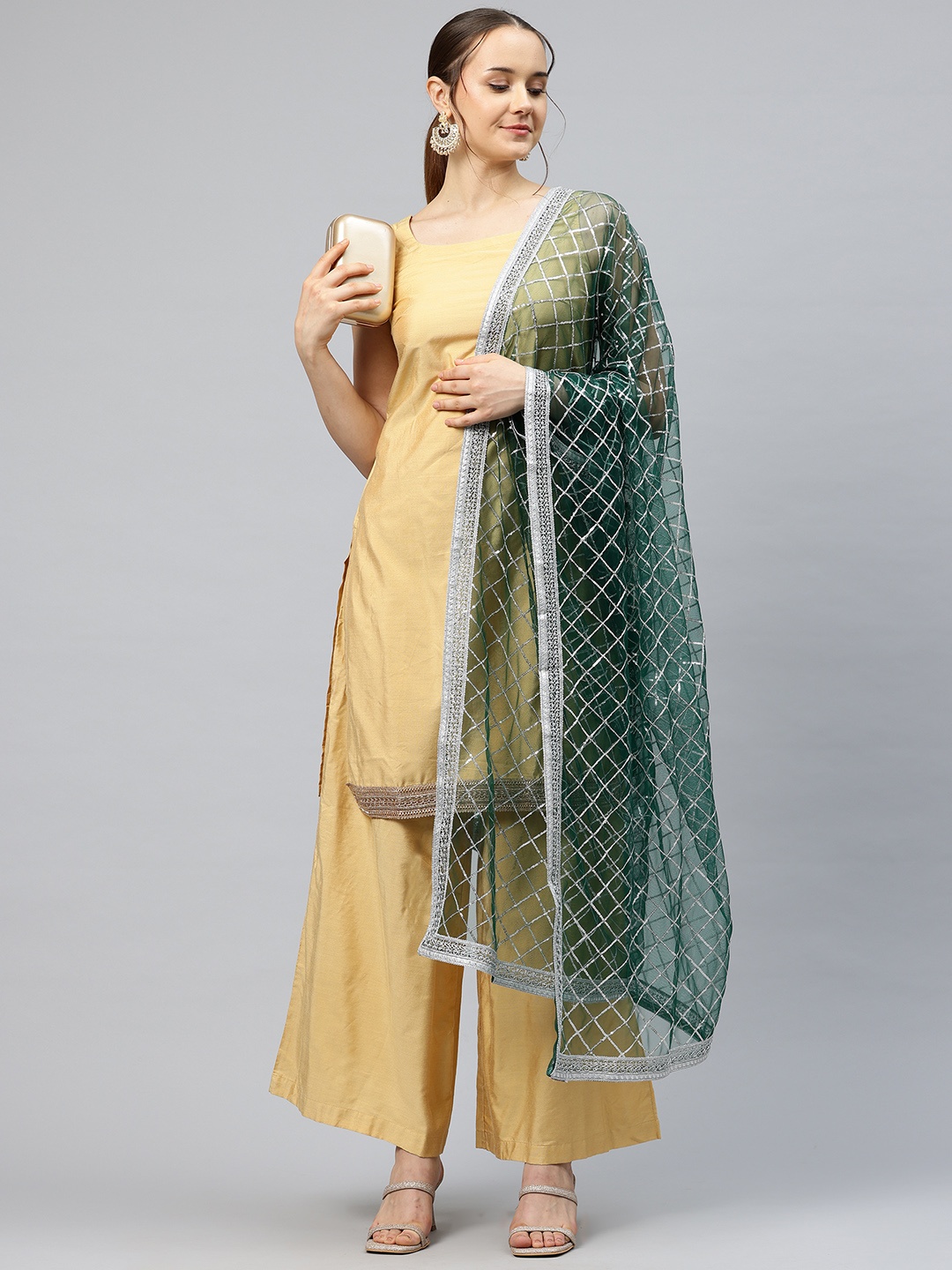 

flaher Embroidered Sequinned Net Dupatta, Green