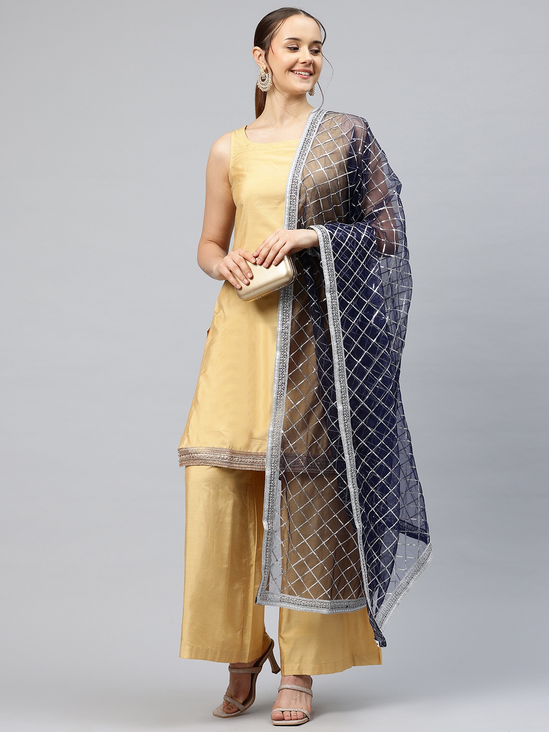 

flaher Embroidered Sequinned Net Dupatta, Navy blue