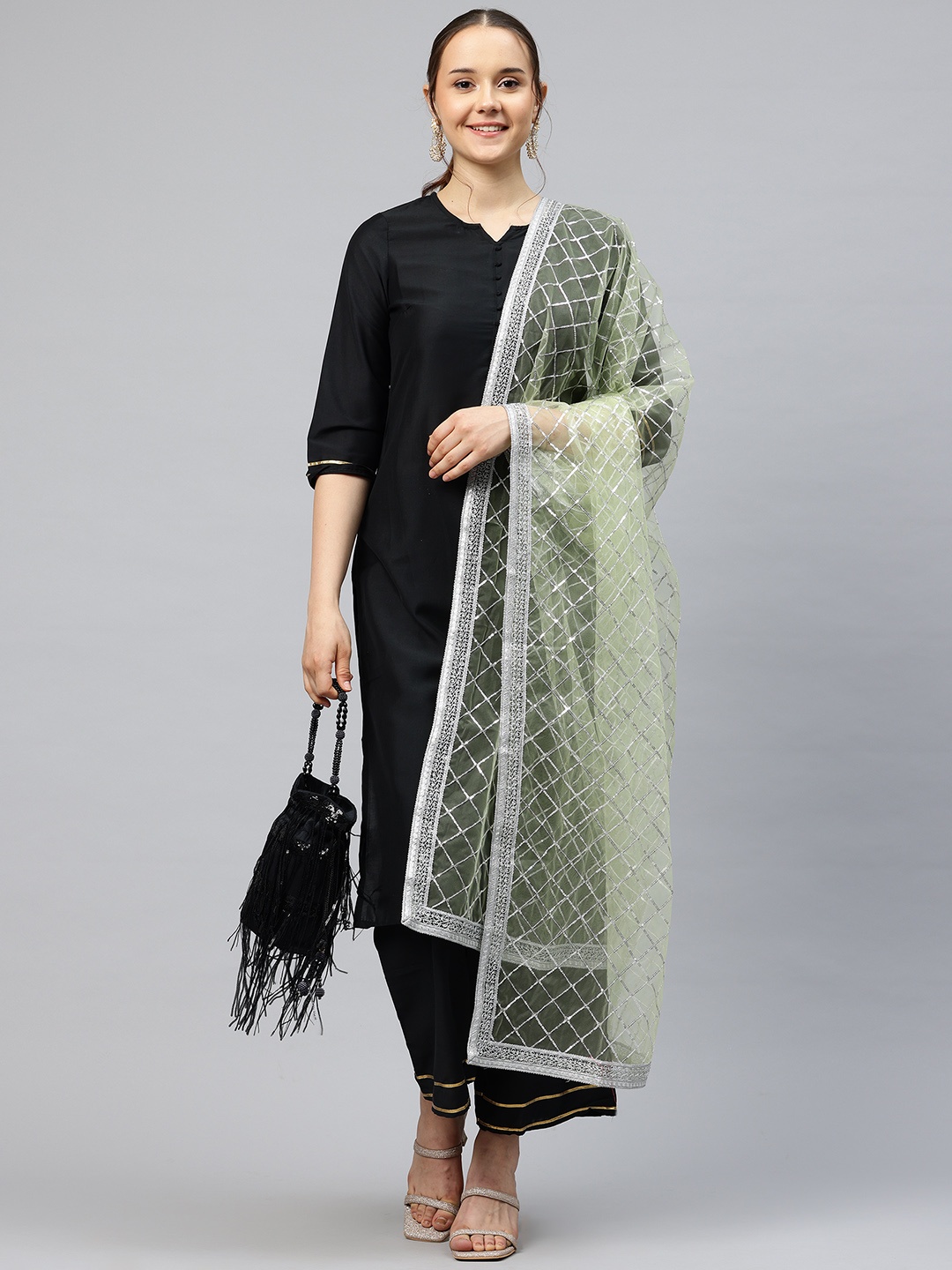

flaher Embroidered Sequinned Net Dupatta, Lime green
