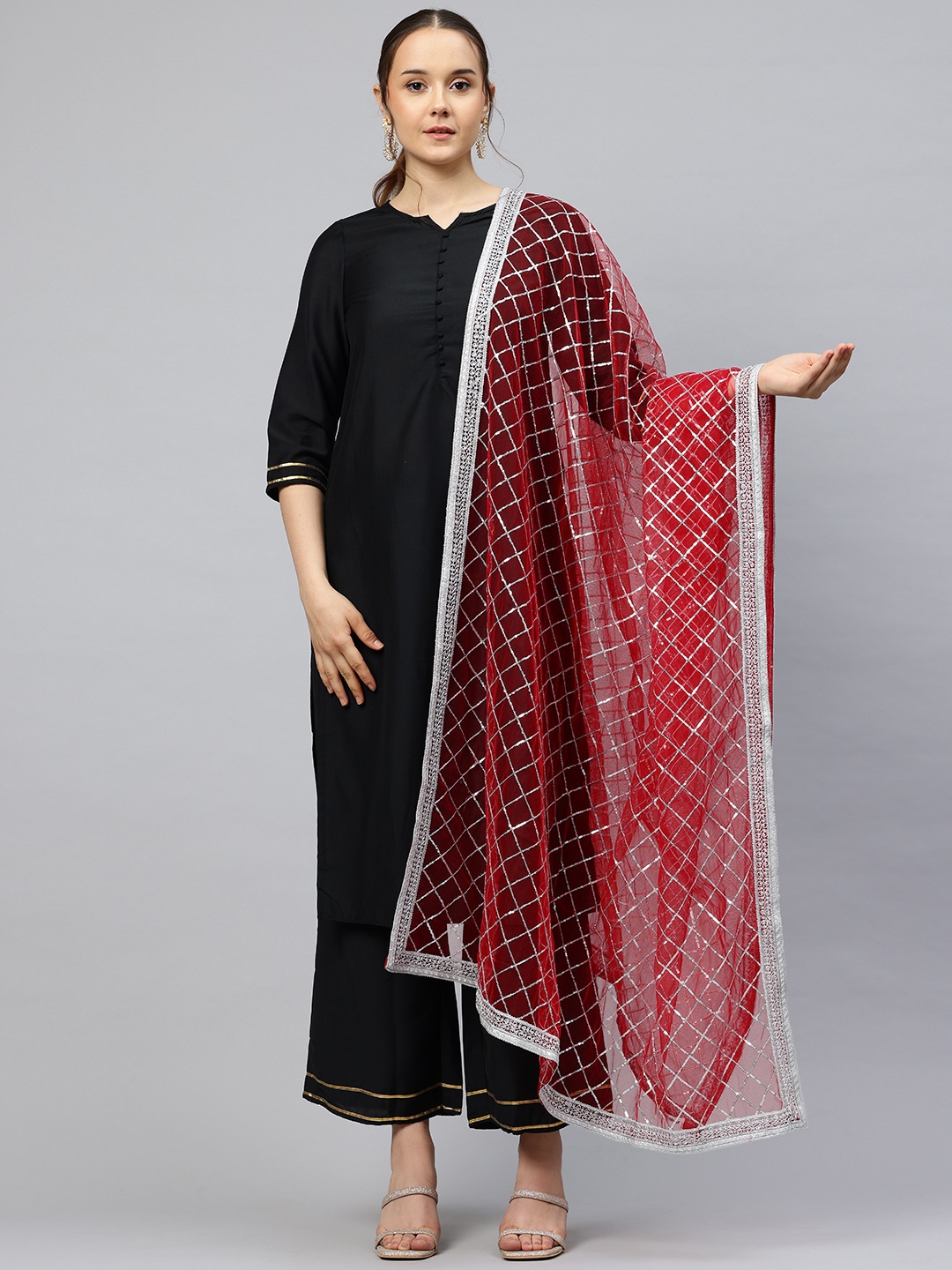 

flaher Embroidered Sequinned Net Dupatta, Red