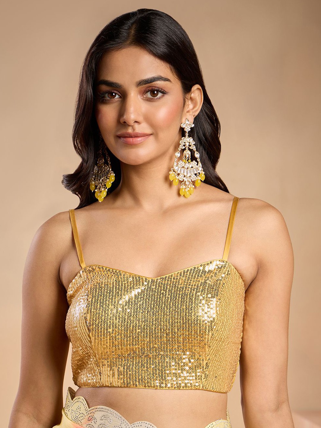 

Gajra Gang Shoulder Straps Sleeveless Sequin Polyester Saree Blouse, Gold