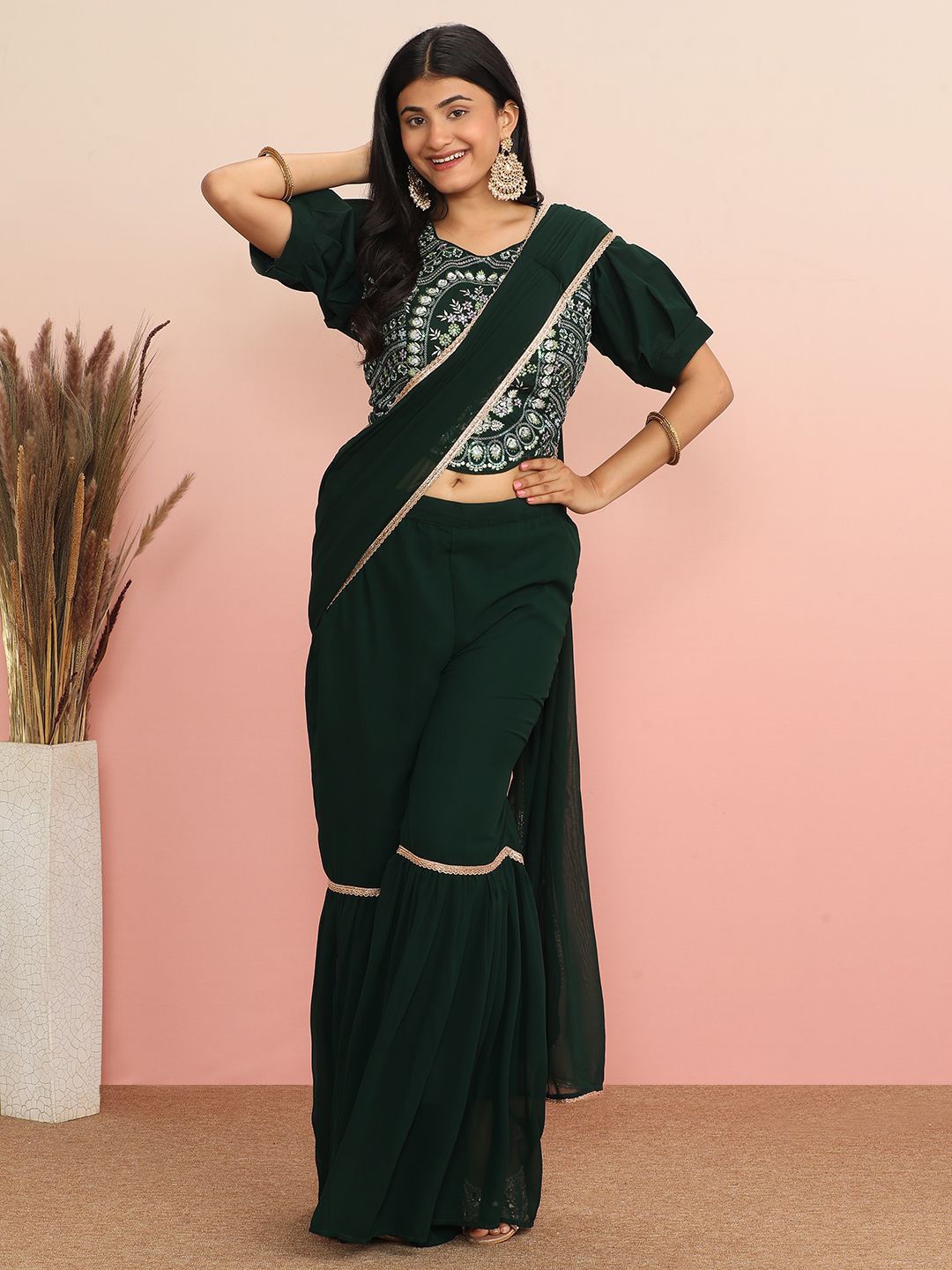 

MAHALASA Embroidered Pure Georgette Pant Saree, Green